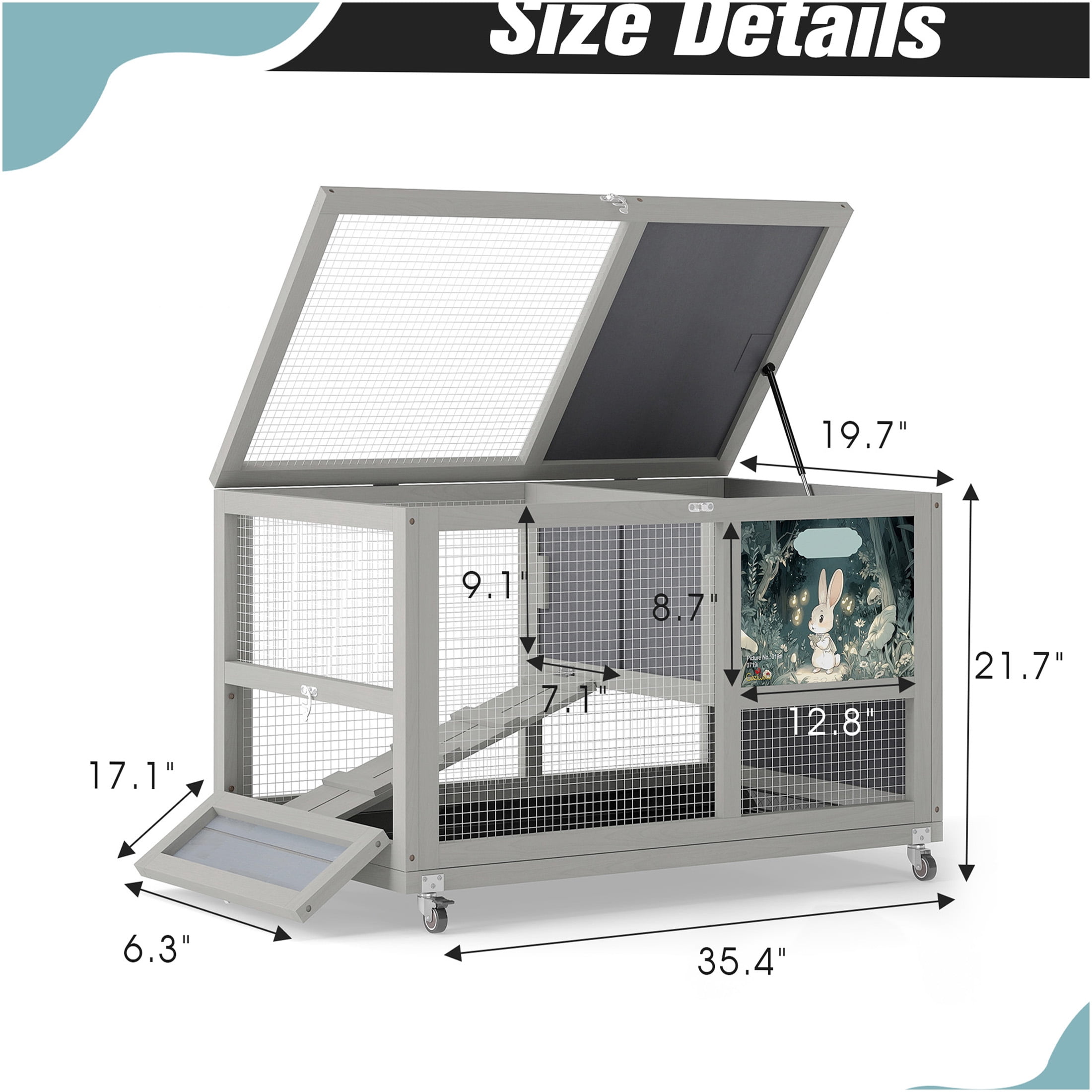 JERFIT 2-Story Rabbit Hutch with Wheels, Outdoor Indoor Wooden Bunny Cage with Removable Tray, Openable Roof & Ramp, Chew-Proof Gray Pet House for Rabbits, Guinea Pigs, Small Animals