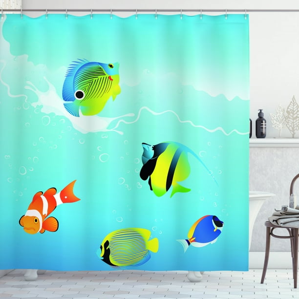Ocean Shower Curtain Nautical Navy, Tropical Fish Fabric Shower Curtain