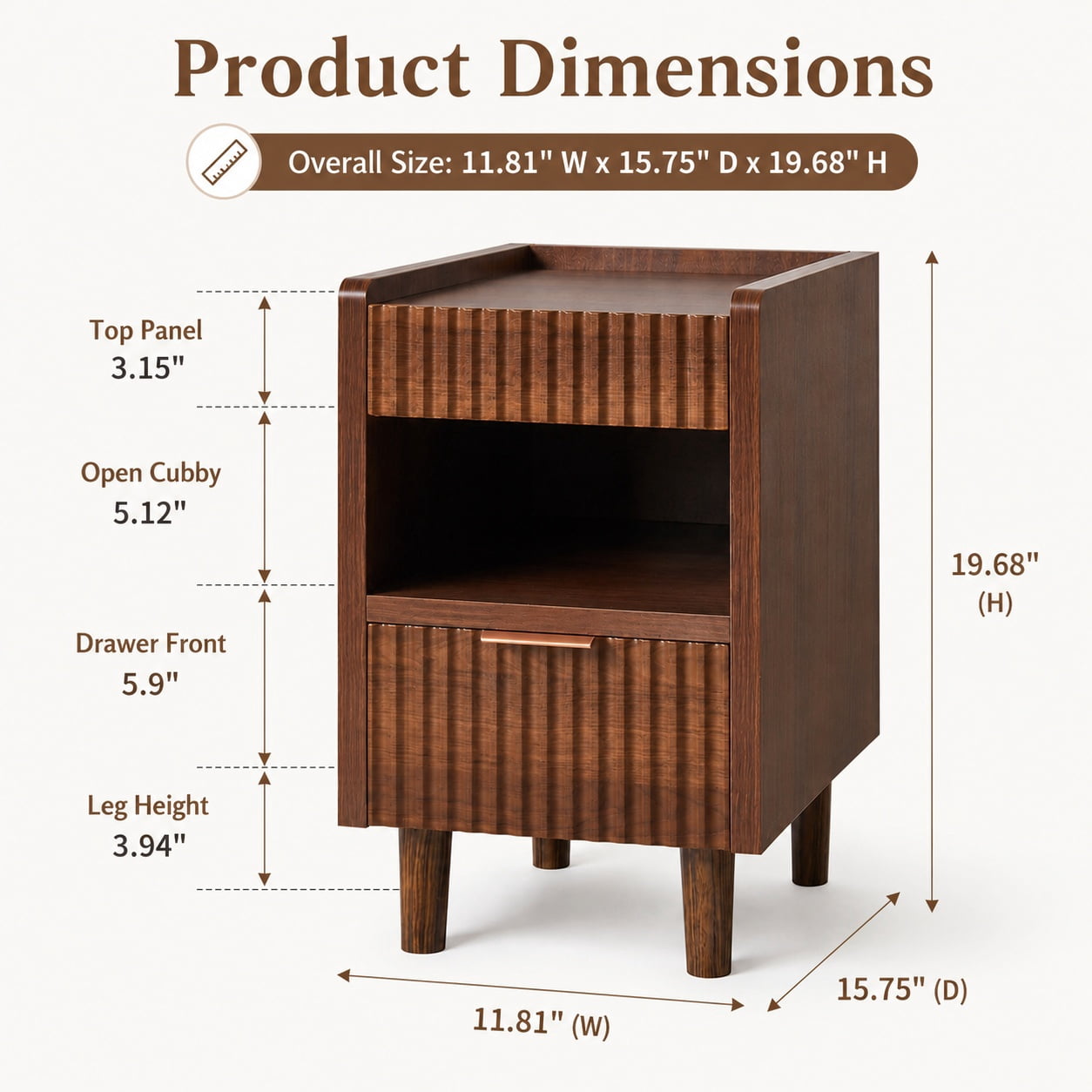 Aukfa Fluted Nightstands Set of 2,Bedside Tables End Tables with Drawer for Bedroom,Walnut