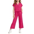 thumbnail image 2 of Girls Tracksuit Full Set 2 Piece - Kids Shorts Sleeve Loose T Shirts And rousers with Pockets Sets, Casual Solid Color Co Ord Outfit, Summer Tees Y2K Streetwear, School Clothes Hot Pink 7-8 Years, 2 of 7