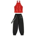 thumbnail image 3 of YONGHS Kids Girls Halter Hip Hop Jazz Dance Crop Top with Cargo Jogger Pants Set Performance Dancewear Red 6, 3 of 5