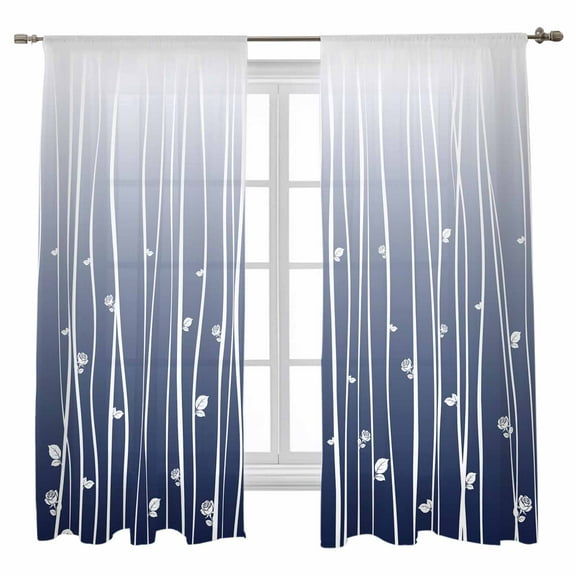 Sheer Curtains 72 inches Long, Blue Wave Lines Flower Gradient Minimalist Texture Light Filtering Sheer Window Curtains Rod Pocket Voile Drapes for Bedroom Living Room, 52"W x 72"L 2 Panels