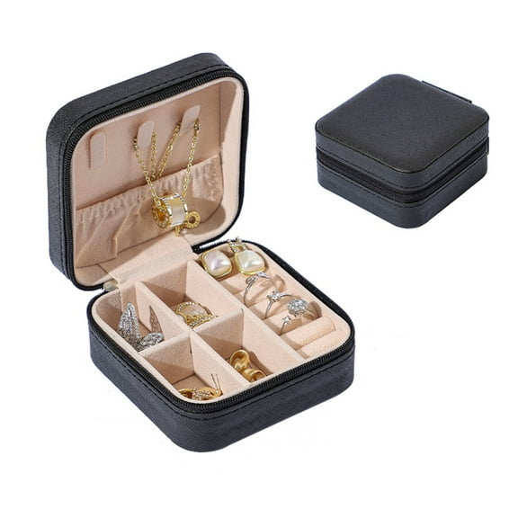 Xukmct Mini Jewelry Travel Case Small Portable Jewelry Organizer Display Leather Jewelry Storage Box for Rings Earrings Necklaces, Black