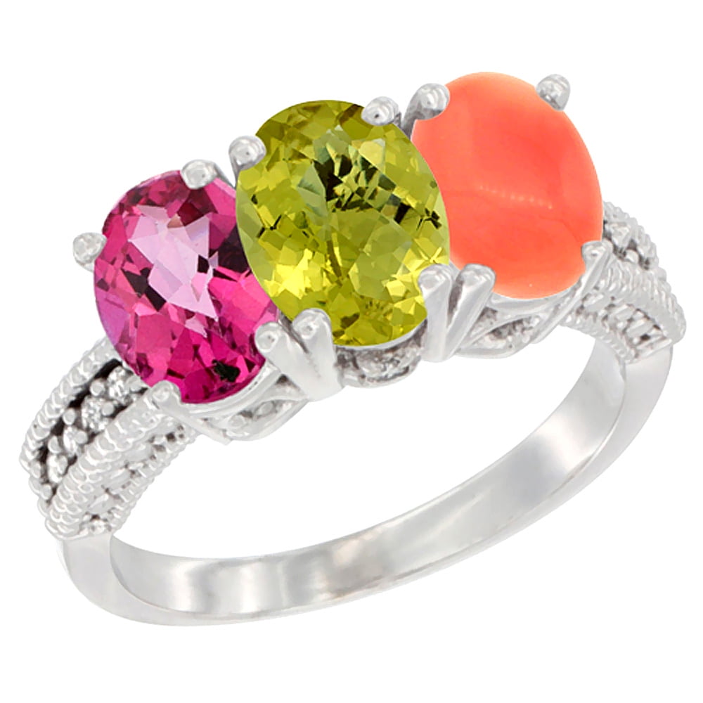 14K White Gold Natural Pink Topaz, Lemon Quartz & Coral Ring 3-Stone 7x5 mm Oval Diamond Accent, sizes 5 10 by WorldJewels