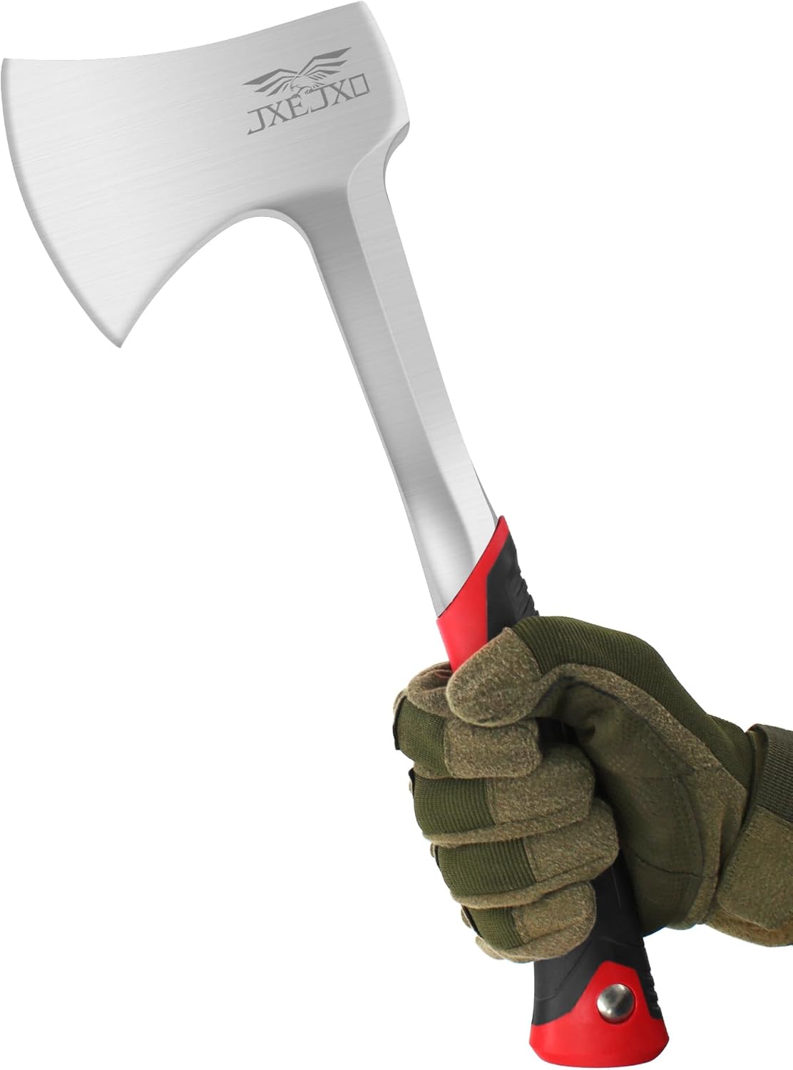 JXE JXO 14.4" Camping Hatchet with Full Tang Forged Steel Head and Shock-Absorbing Grip, Includes Durable Nylon Sheath, Red Handle