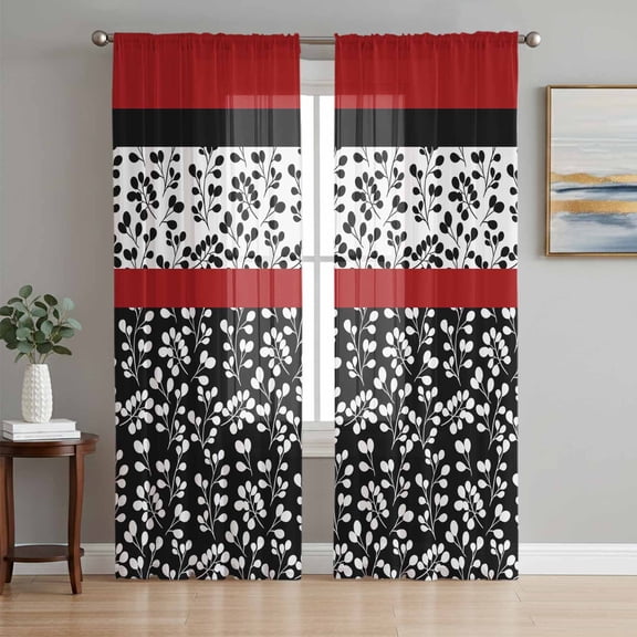 Black Red Sheer Curtains 96 Inch Length 2 Panels Set, Garden Floral Stripe Aesthetic Flower Boho Voile Window Treatment Semi Sheer Long Curtains Drapes for Bedroom/Living Room/Kitchen 52"x96"x2