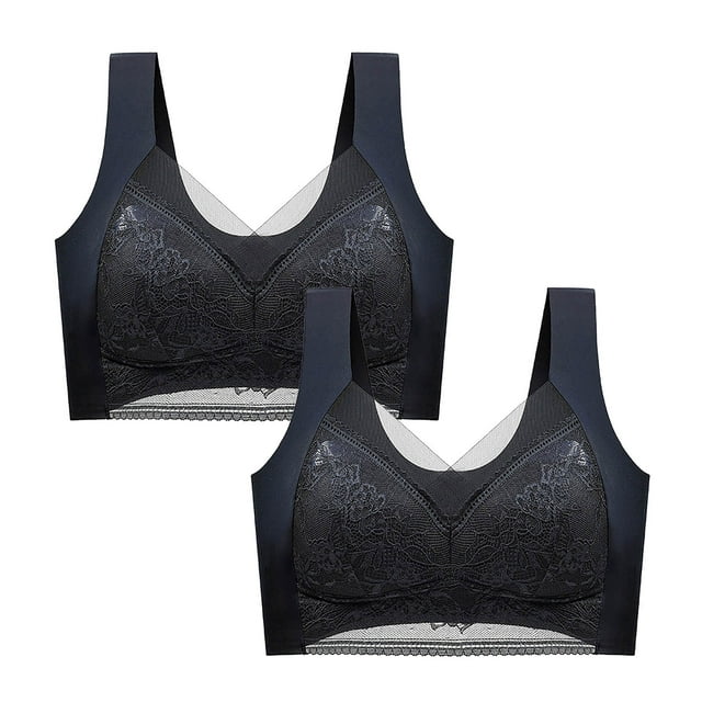 AherBiu 2PCS Plus Size Bras for Women Lace Full Coverage Push up Padded Large Bust Bralettes Solid Color Everyday Bras