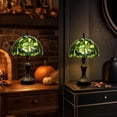 thumbnail image 5 of Stained Glass Table Lamp, Gothic Spider Web Accent Lamp with Green Stained Glass Shade and Bat Design, Vintage Halloween Decor Light for Bedroom, Living Room, Fireplace Mantel, 5 of 12