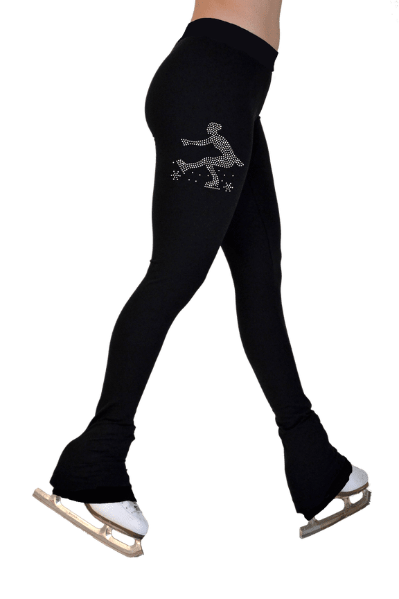 Chloe Noel P622F All Black 3" Waist Band Light Weight Fleece Figure Skating Pants w/ Mini Sit Spin Crystals Combination