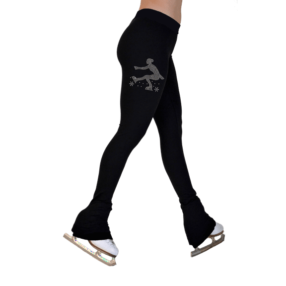Chloe Noel P622F All Black 3" Waist Band Light Weight Fleece Figure Skating Pants w/ Mini Sit Spin Crystals Combination