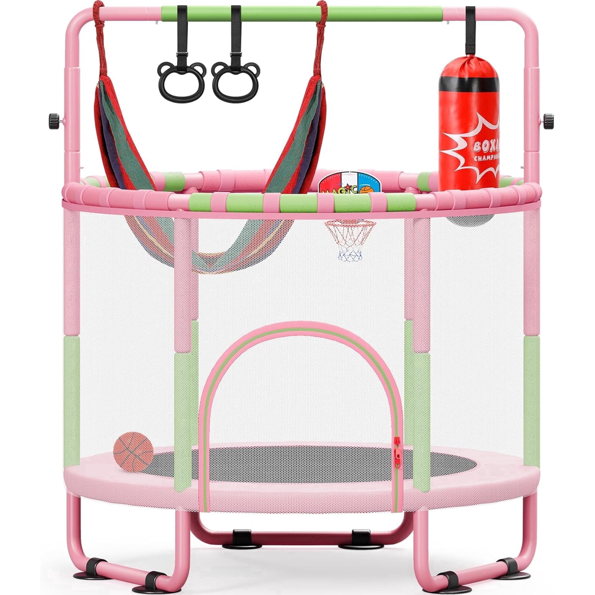Toremore 55" Trampoline for Kids with Enclosure, 6-in-1 Kid Trampoline Indoor & Outdoor, Toddle Trampoline with Adjustable Gymnastics Bars, Pink