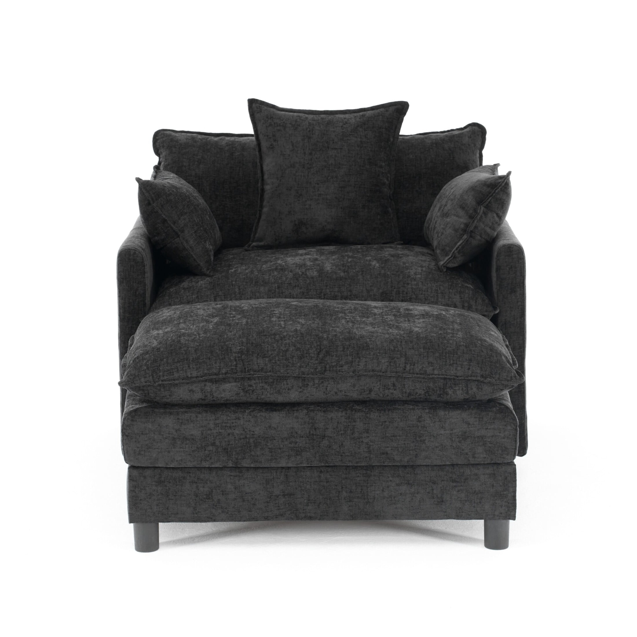 Noble House Modern Chenille Upholstered Accent Chair with Ottoman, Solid Wood Frame, Black
