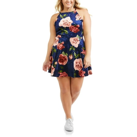 Juniors' Plus Racer Front Floral Printed Velvet Skater Dress