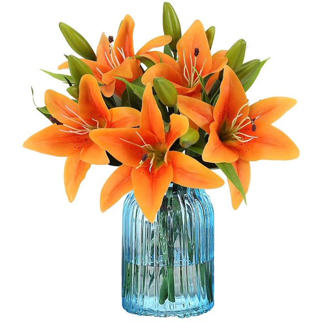 6 racimos de lirio hidratante con mango de alta simulación, flores artificiales, lirio de simulación para decoración del hogar en la sala de estar (naranja)
