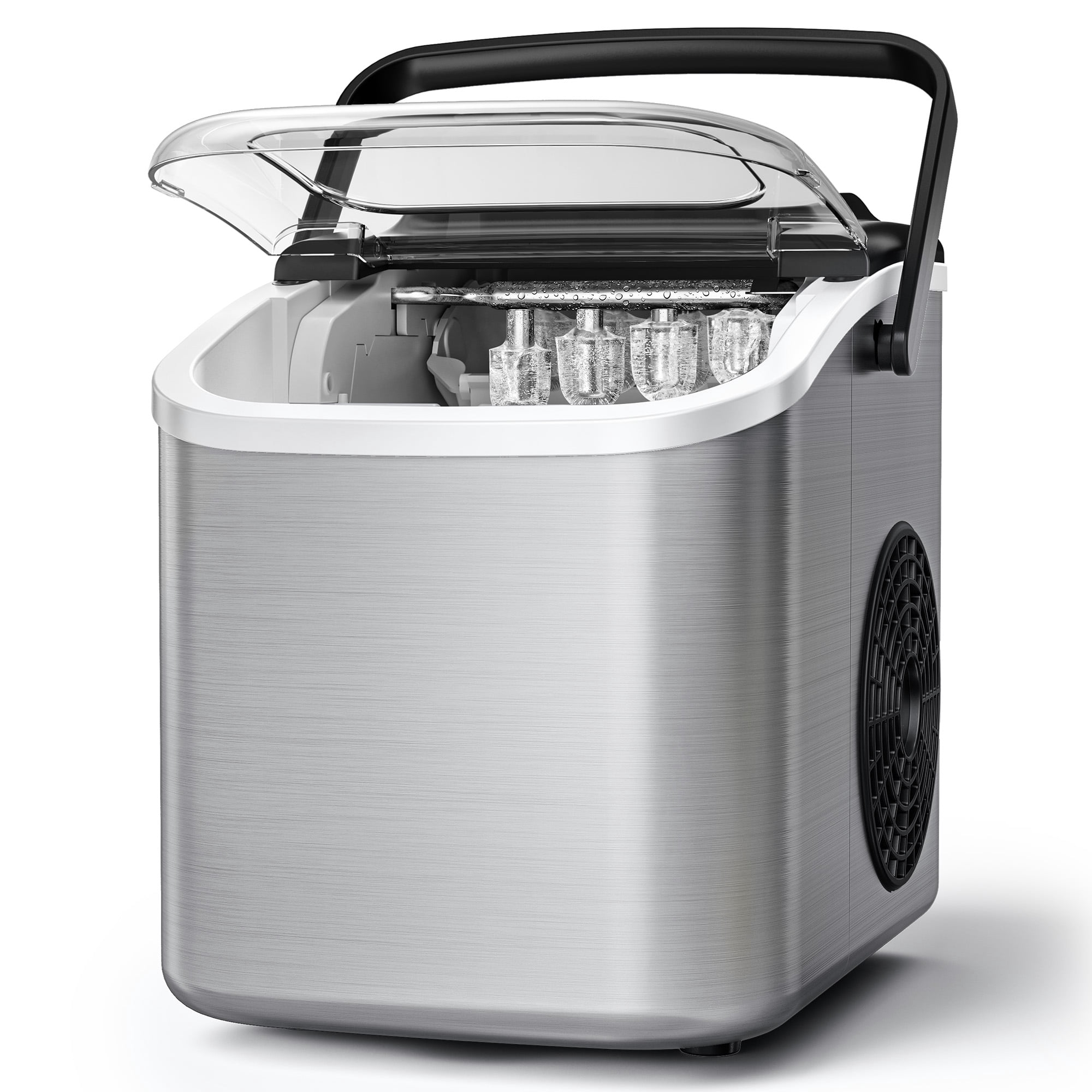 Goosiay Ice Maker Countertop, 8 Cubes in 6 Mins, 26lbs Portable Ice Makers with Ice Scoop & Basket, Compact Mini Ice Machine for Home Bar, Kitchen, Dormitory, Stainless Steel, Silver