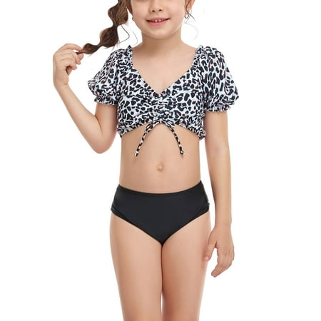 

CHGBMOK Clearance Girls Casual Cute Print Double Ruffle Split Swimsuit Beach Two-Piece Set