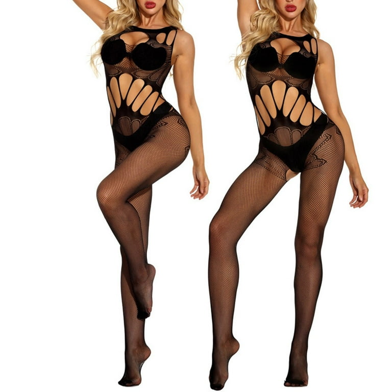 Qcmgmg Body Stockings Crotchless Lace Solid Color Sleepwear Sexy Lingerie  for Women Tights Naughty See Through Lingerie Body Suits Women Free Size 