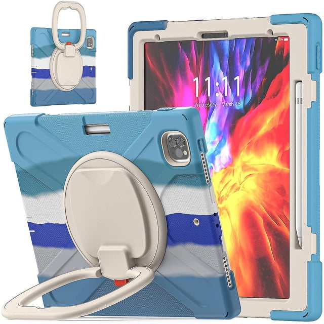 Funda a juego para iPad Pro de 12,9 pulgadas (2020) con correa para el hombro, soporte de anilla ajustable grande, portalápices y protección contra golpes.