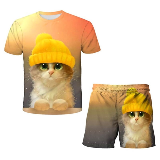Gatos Verano Bebé Niños Niñas Camisetas Pantalones cortos Conjuntos de ropa Niños Dibujos animados Encantadores Tops + Pantalones cortos 2PCS Disfraces casuales Outfits8T Gao Jinjia LED