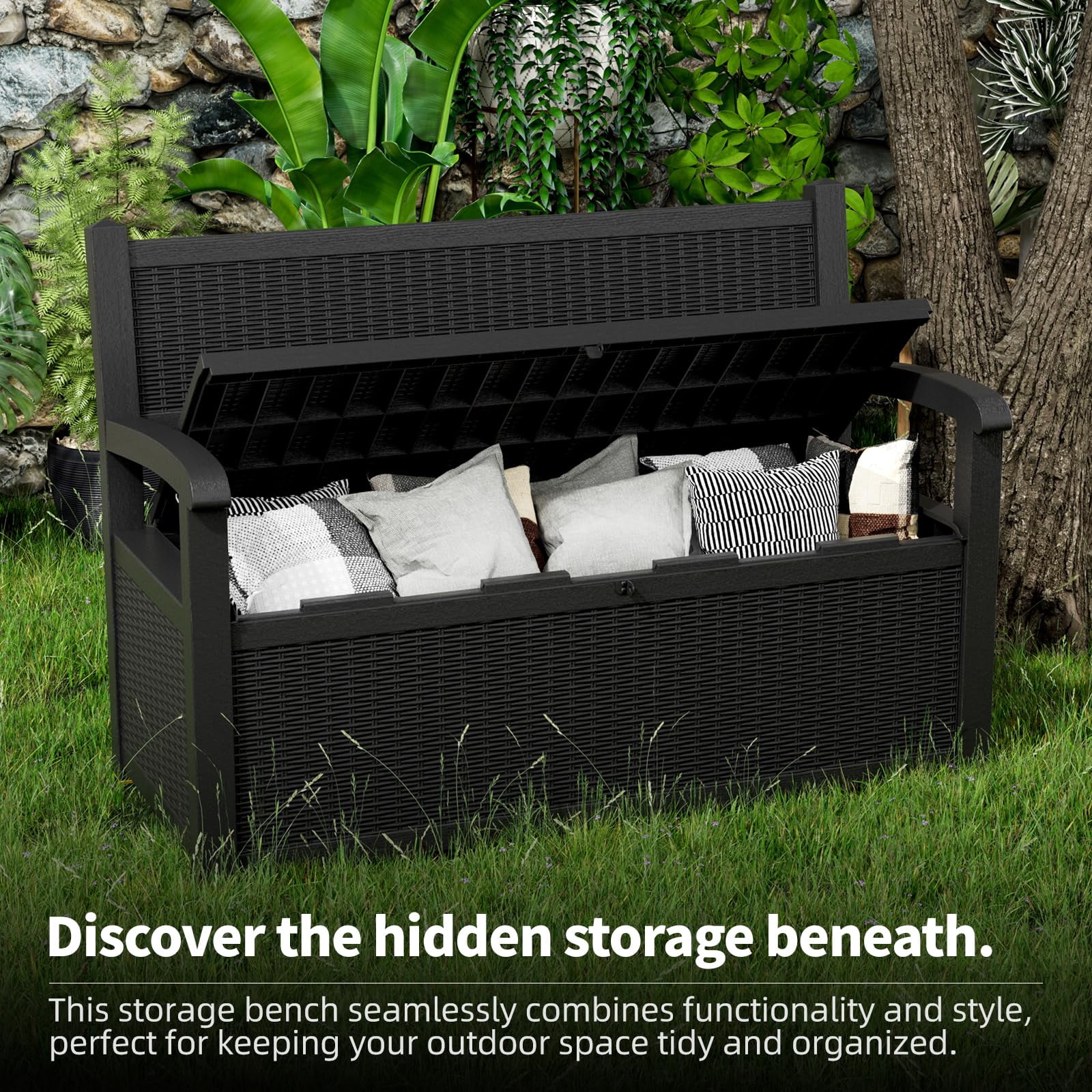 80 Gallon Outdoor Storage Bench Deck Box Lockable for Patio Furniture, Outdoor Porch Bench with Storage Waterproof for Cushions, Garden Tools and Pool Supplies, Black