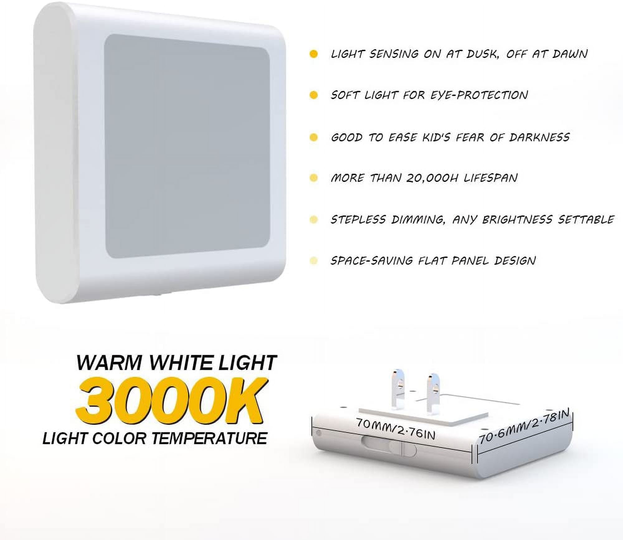 Plug-in Dimmable LED Night Light with Automatic Dusk to Dawn Sensor, Soft Warm White Night Light for Hallways, Bedrooms, Kids Rooms, Kitchens, Stairs, 4-Pack,white