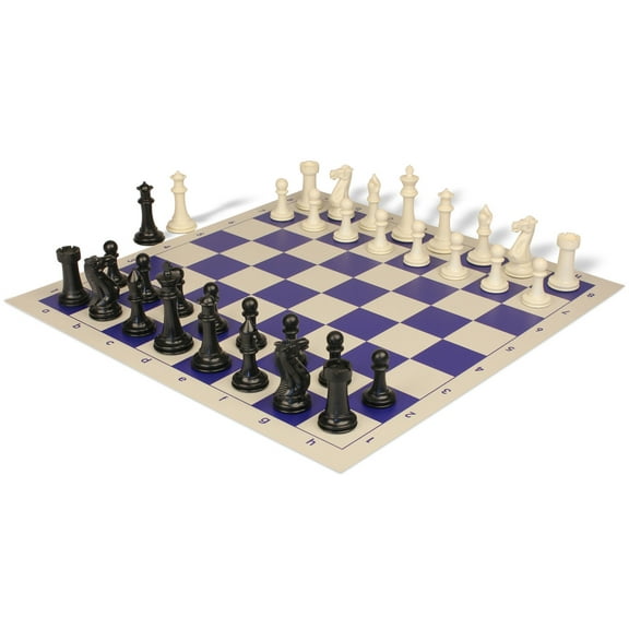 Executive Plastic Chess Set Black & Ivory Pieces with Vinyl Roll-up Board - Blue