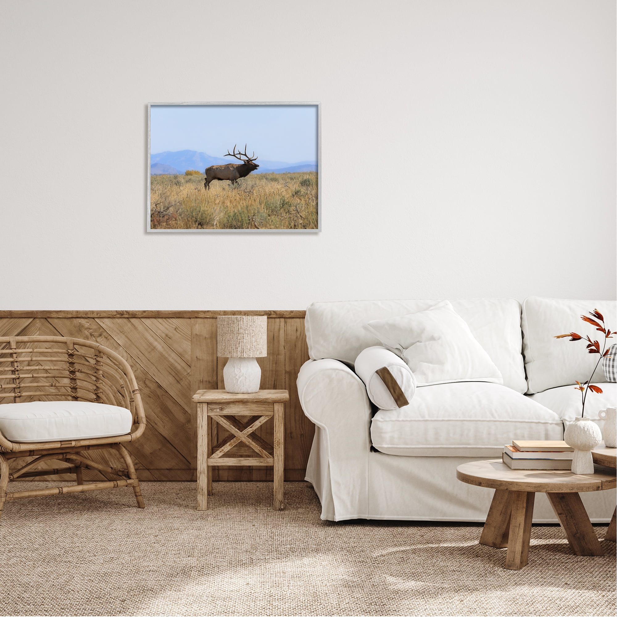 Stupell Industries Elk Grazing Pasture Grassland Blue Distant Mountains Framed Wall Art, 30 x 24, Design by Daniel Sproul