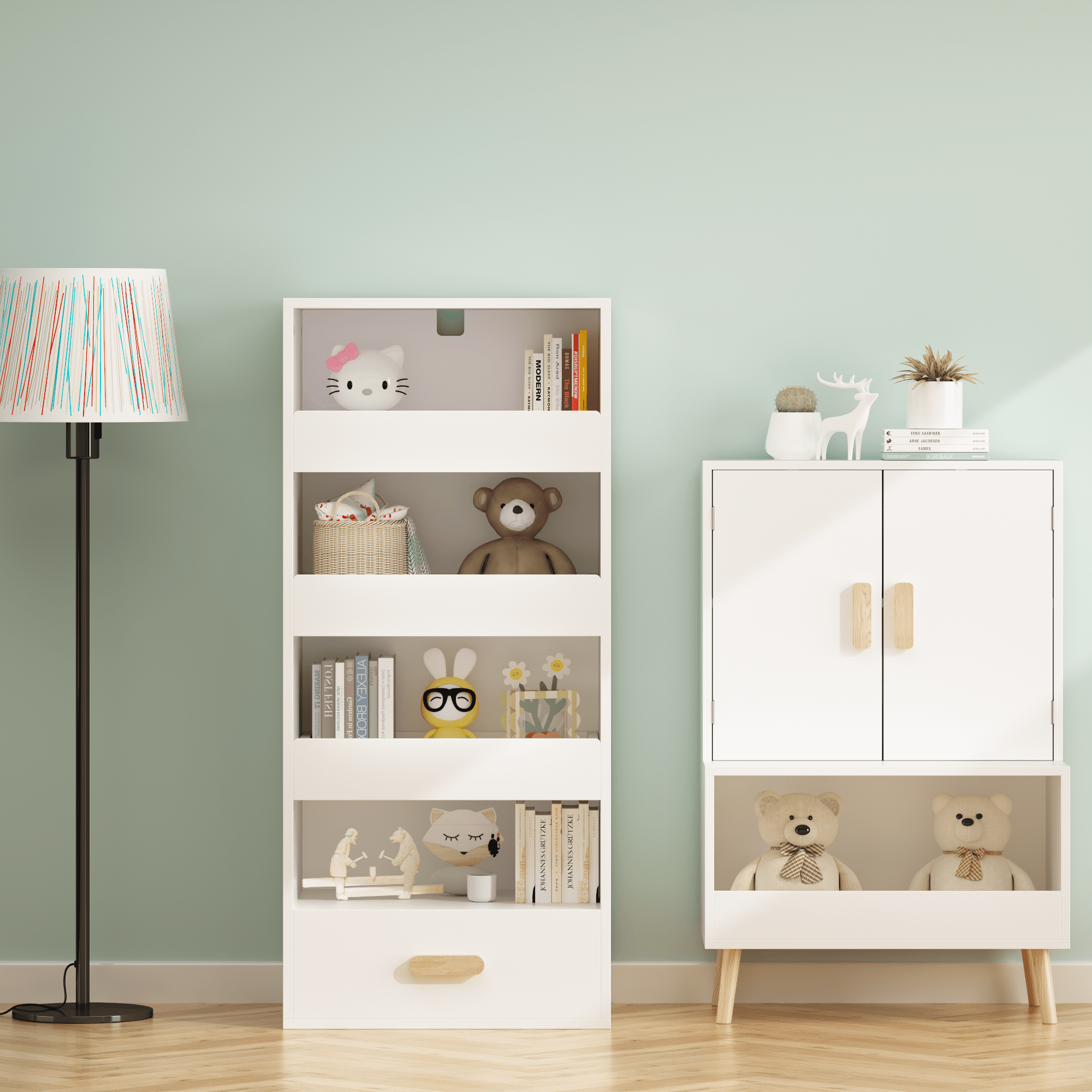 4-Tier Freestanding Bookshelf with 3 Sliding Drawers and 1 Bottom Drawer