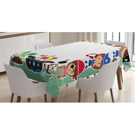 

Kids Party Tablecloth Pirate Explorer Children in Cartoon Style Treasure Chest Ship Tropical Island Rectangular Table Cover for Dining Room Kitchen 52 X 70 Inches Multicolor by Ambesonne