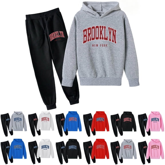 Ulanda Brooklyn New York Lounge Sets 2 Piece Outfits for Girls Toddler Hooded Fall Casual Kids Tracksuit Sets Winter Fall (Blue, 5-6 Years)