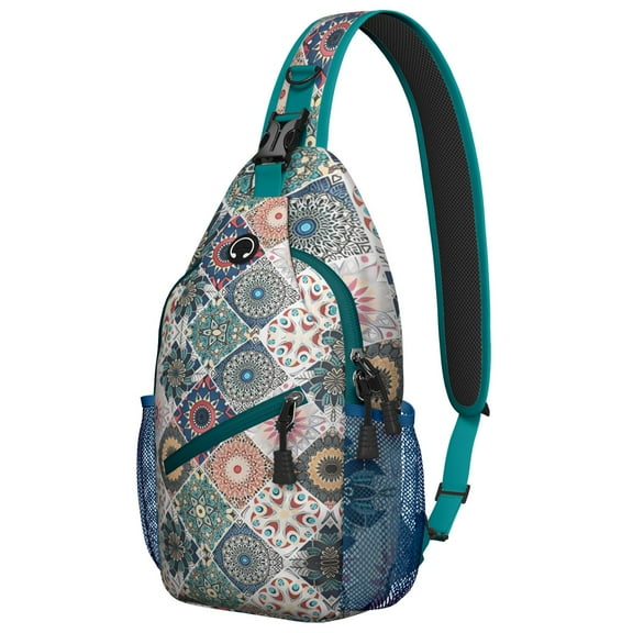 Artistic Geometric Sling Backpack Small Boho Crossbody Bag for Outdoor, Vintage Travel Hiking Bag with Layered Storage