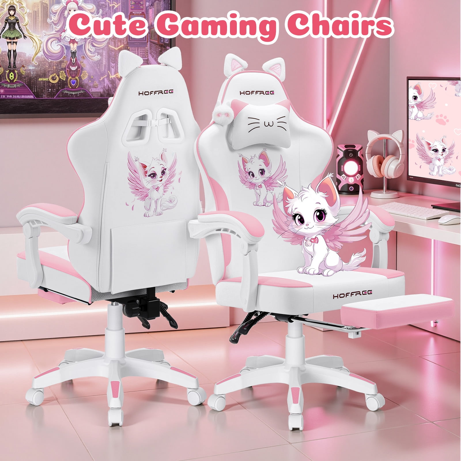 HOFFREE Gaming Chair for Girls with Cat Ears and Cloud Massage Lumbar Cute Computer Chair with Footrest Comfortable Reclining Game Chairs for Adults Teens Women Pink and White
