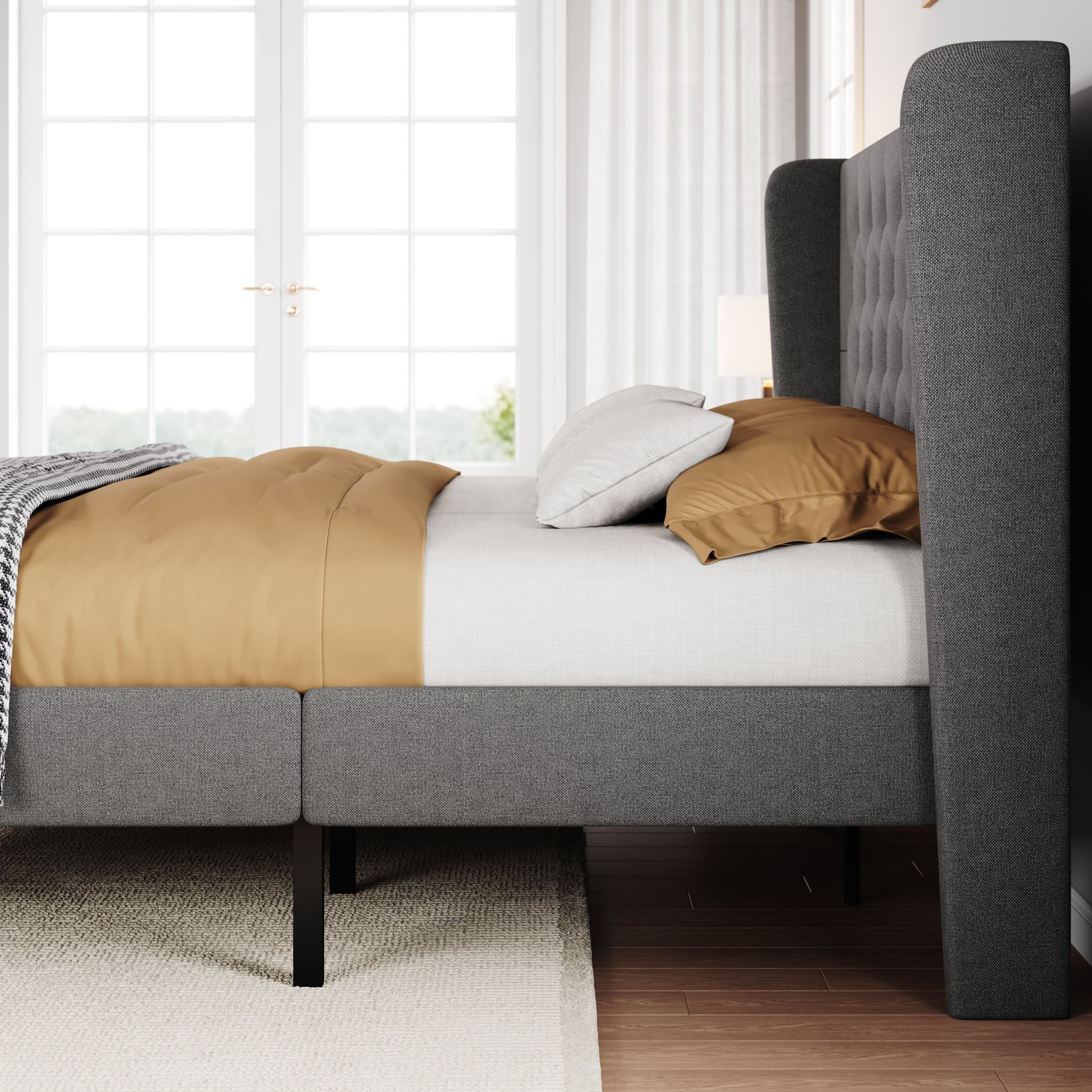 SHA CERLIN Full Size Platform Bed Frame with Fabric Wingback&Tufted Upholstered Headboard, Light Grey