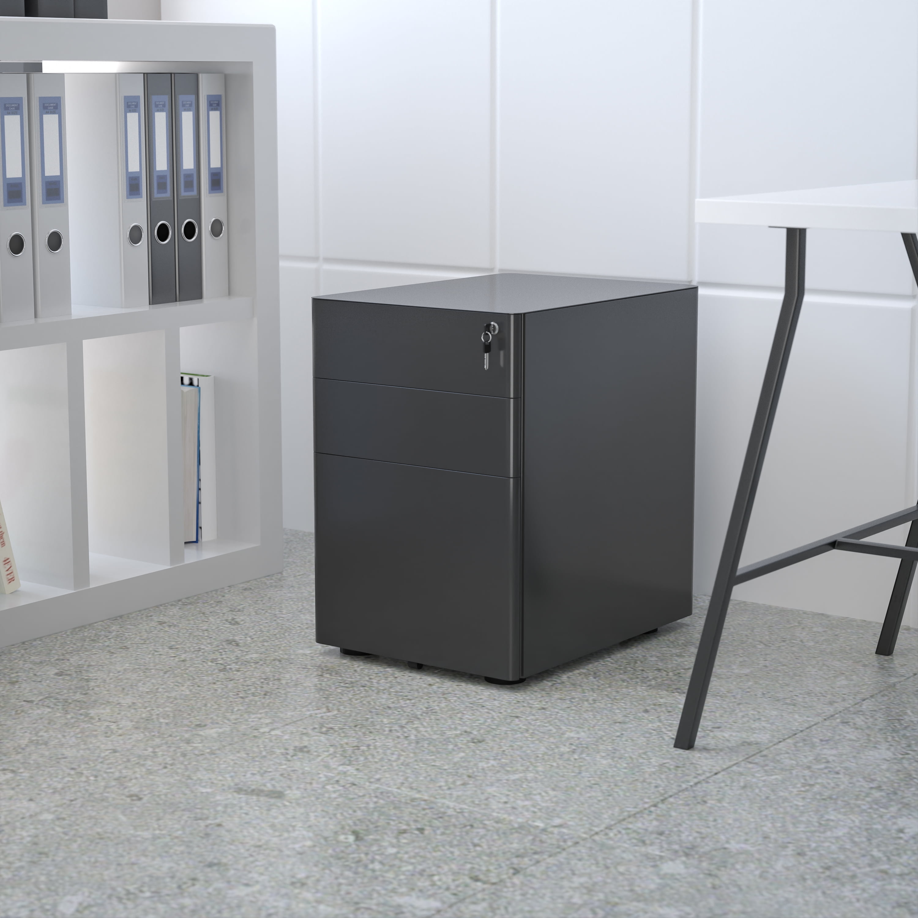 Flash Furniture Warner Modern 3-Drawer Mobile Locking Filing Cabinet with Anti-Tilt Mechanism and Hanging Drawer for Legal & Letter Files, Black