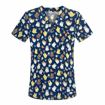

Sksloeg Scrub Top For Women Fashion 2023 Cartoon Printed Top Animal Patterned V-Neck Workwear T-Shirts With Pockets Nursing Working Uniform Royal Blue XXL