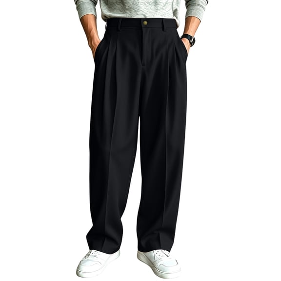 Leidass Mens Casual Dress Pants Pleated Old Money Wide Leg Baggy Pants Fall Relaxed Fit Slacks Work Trousers Black L