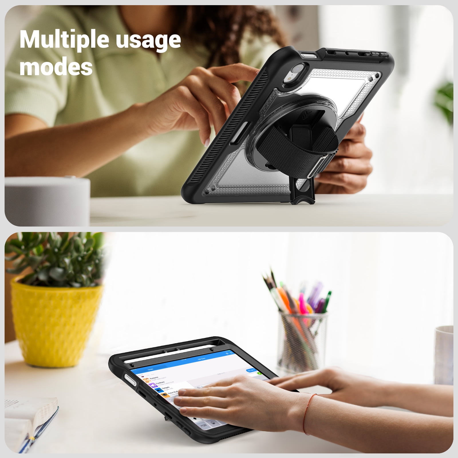 ELEHOLD Rugged Case For Apple iPad 11th(A16) 2025/10th Gen 2022,360 Rotating Stand Hand Strap Shoulder Strap Pencil Holder Full-Body Heavy Duty Shockproof Protective Case,Clear