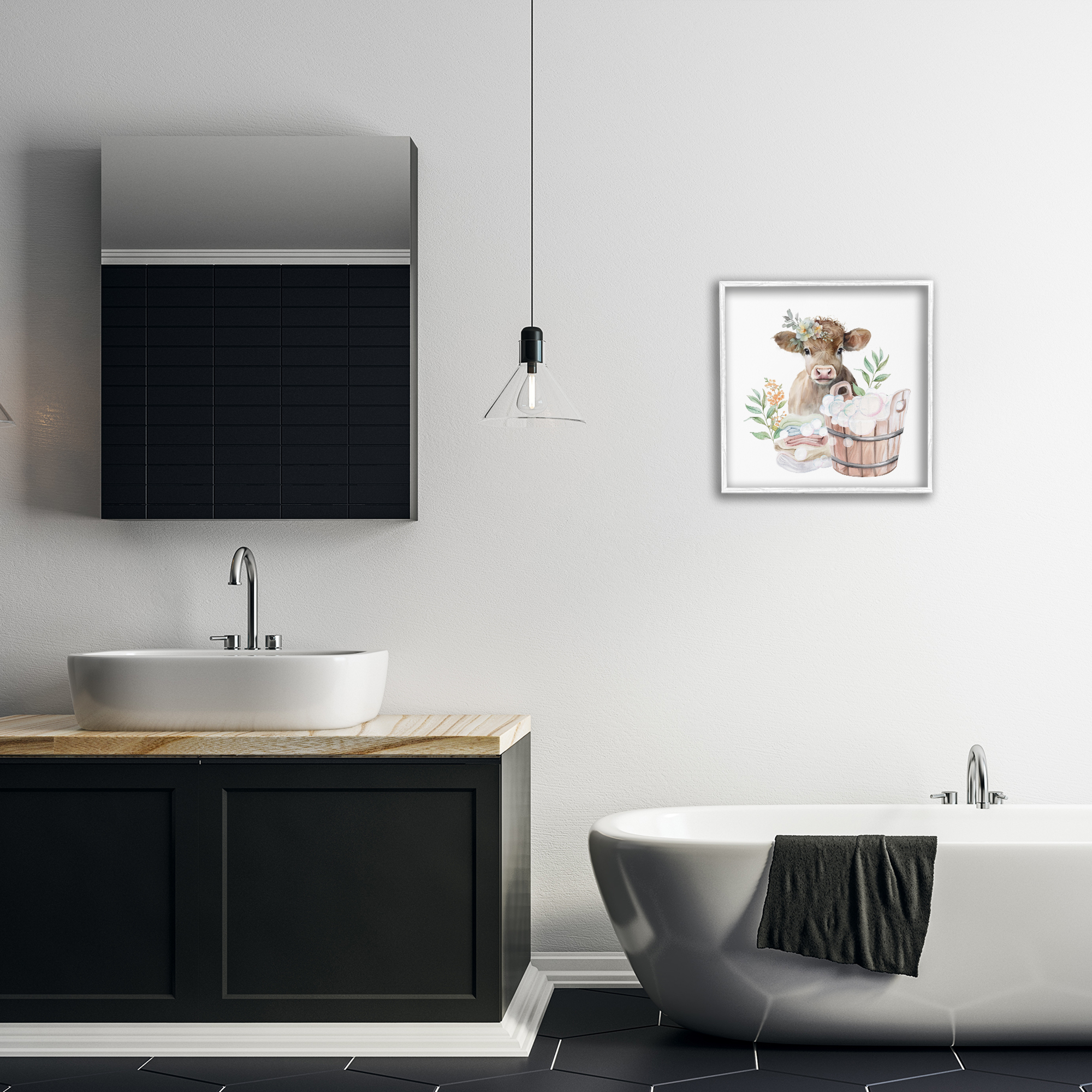 Laundry Day Baby Cow White Framed Giclee Art, design by Kim Allen