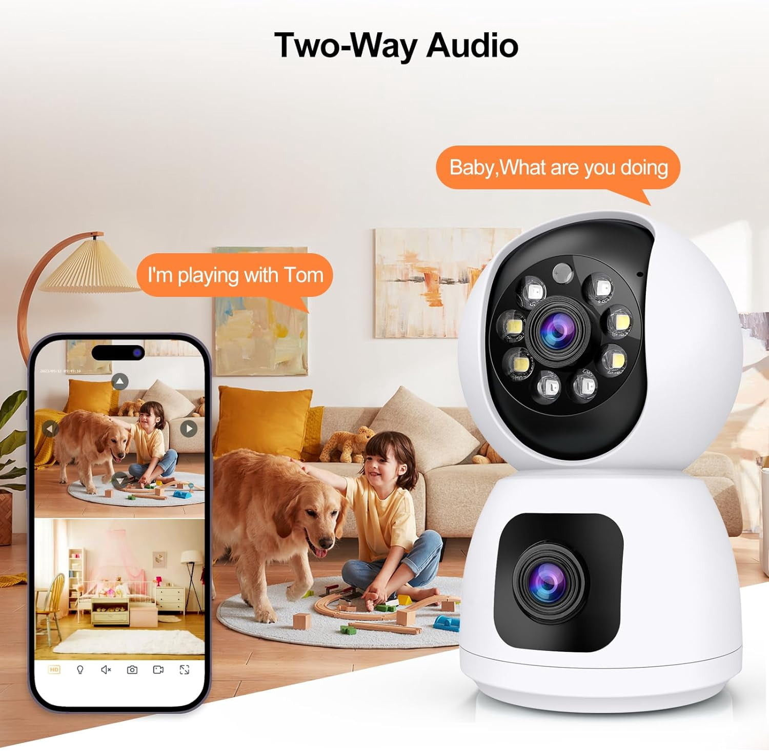 KunMing 2.4GHz WiFi Indoor Security Camera, 2K Dual Lens for Home, Baby, and Pet Monitoring with Night Vision, Motion Detection, Two-Way Audio, Siren, Cloud & SD Card Storage