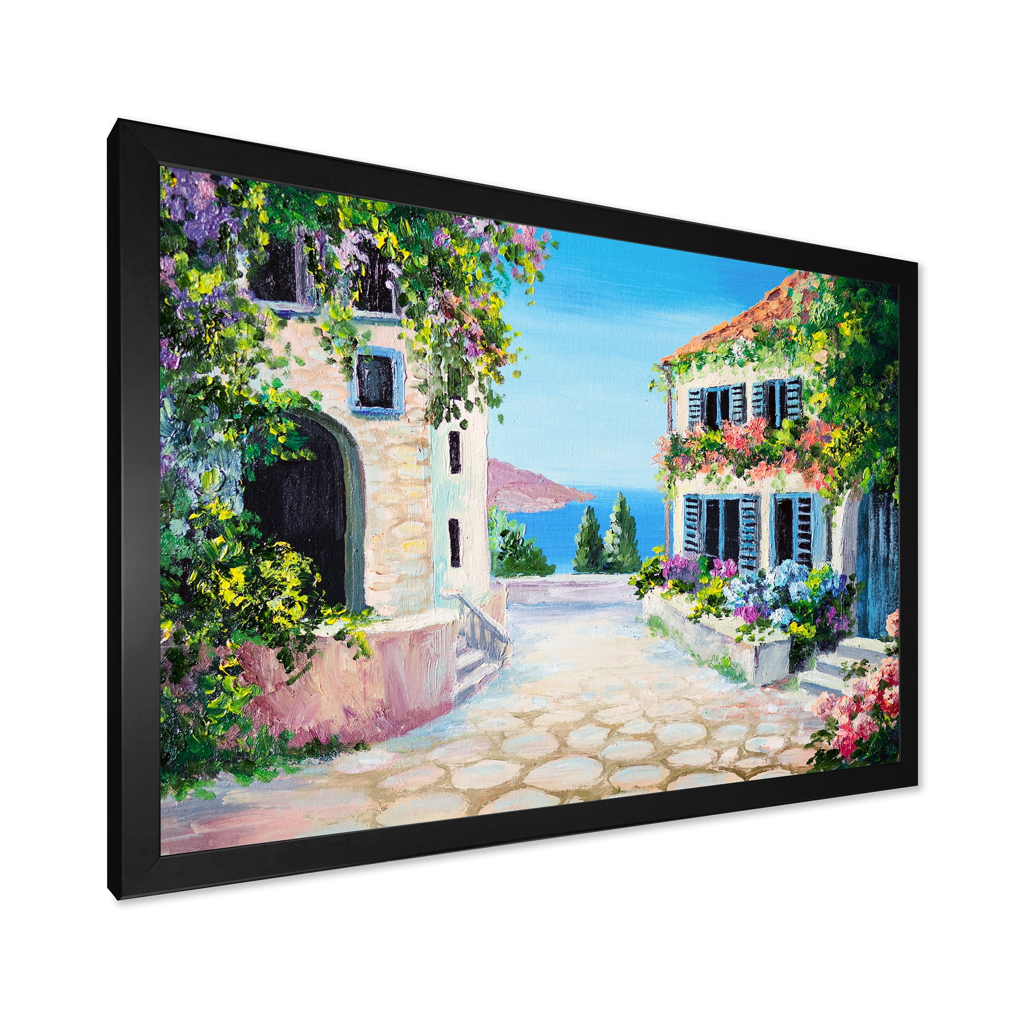 Designart 'Blossoming Flowers With White Houses With Near The Sea' Nautical & Coastal Framed Art Print