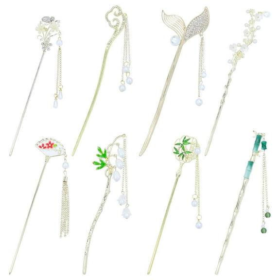 8 Pieces Retro Vintage Asian Japanese Chinese Hanfu Gold Metal Flower Hair Sticks with Pearl Pendants Fishtail Lotus Butterfly Long Hair Pins Forks Chopsticks Bun Updo Holders for Women Girls