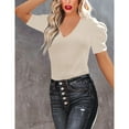 thumbnail image 2 of Women's Short Sleeve Knit Pullover Sweaters V Neck Ribbed Solid Soft Slim Fit Sweater Blouse Tops, 2 of 5