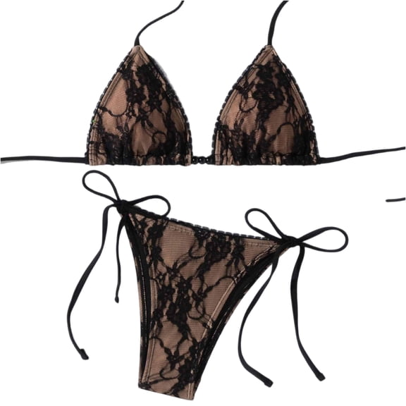 Delconic Women Lace Triangle Bralette and Tie Side Bikini Set Two Piece Swimwear with Adjustable Straps and Sheer Overlay Design