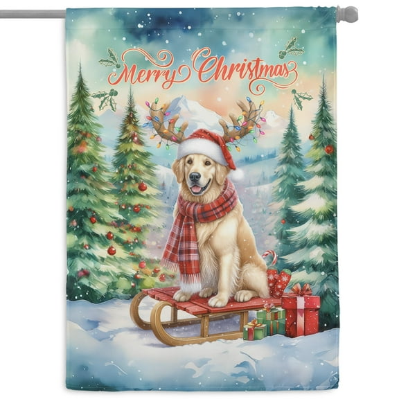 Merry Christmas Santa Reindeer Antlers Golden Retriever Sleigh Xmas Winter Holiday House Flag 28x40in Double Sided Goldens Dog Lover Gifts Idea Outdoor Decor - 00023