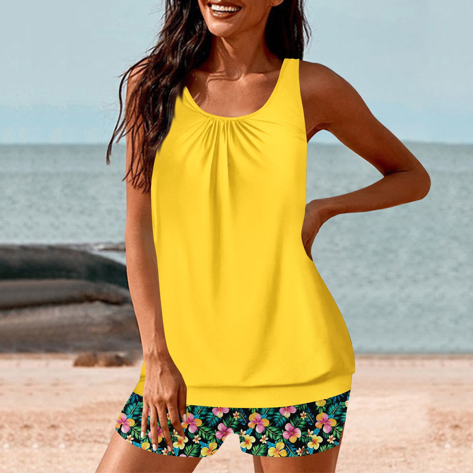 Jsaierl Women's Two Piece Tankini Bathing Suits Blouson Swim Tops Summer Print Swimwear Conservative Cute Modest Beachwear with Swim Shorts Tankini Swimsuits