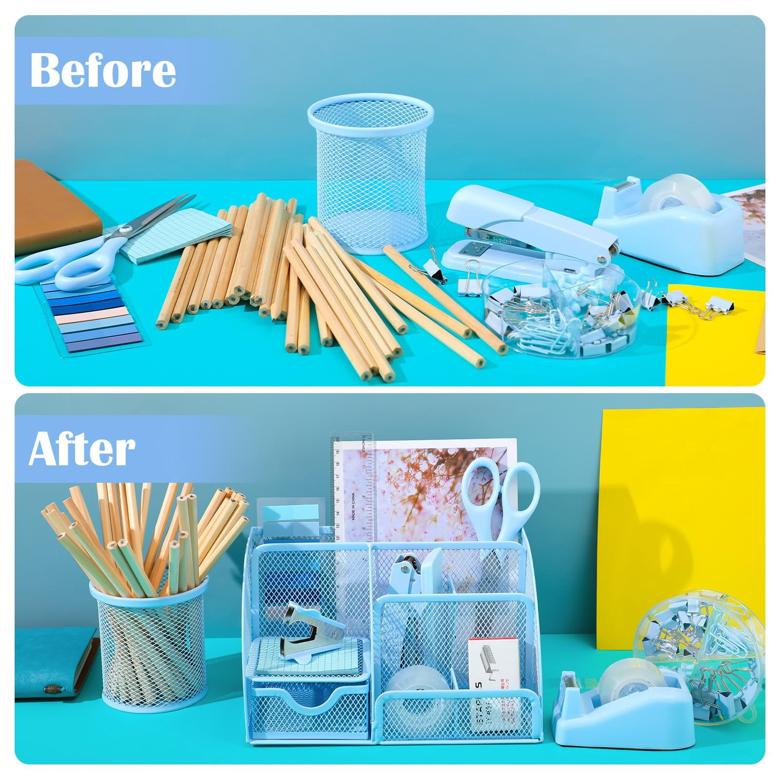 11 In 1 Blue Desk Organizer And Accessories  Light Office Supplies Include Stapler Tape Dispenser Pen Holder Staple Remover Clips Ruler Tapes Tabs