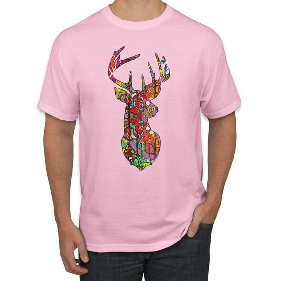 Trippy Colorful Buck Head Rainbow Hunting Deer Mosaic Animal Lover Men's Graphic T-Shirt, Light Pink, Small