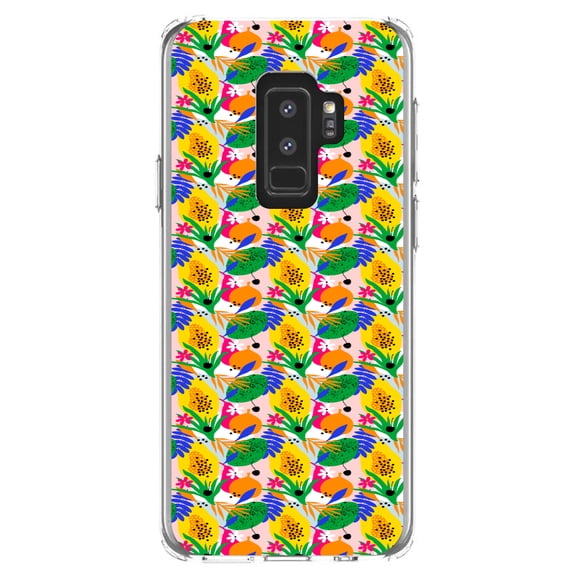 DistinctInk Clear Shockproof Hybrid Case for Samsung Galaxy S9  PLUS (6.2" Screen) - TPU Bumper, Acrylic Back, Tempered Glass Screen Protector - Summer Vibes Floral Pattern Green Yellow Blue