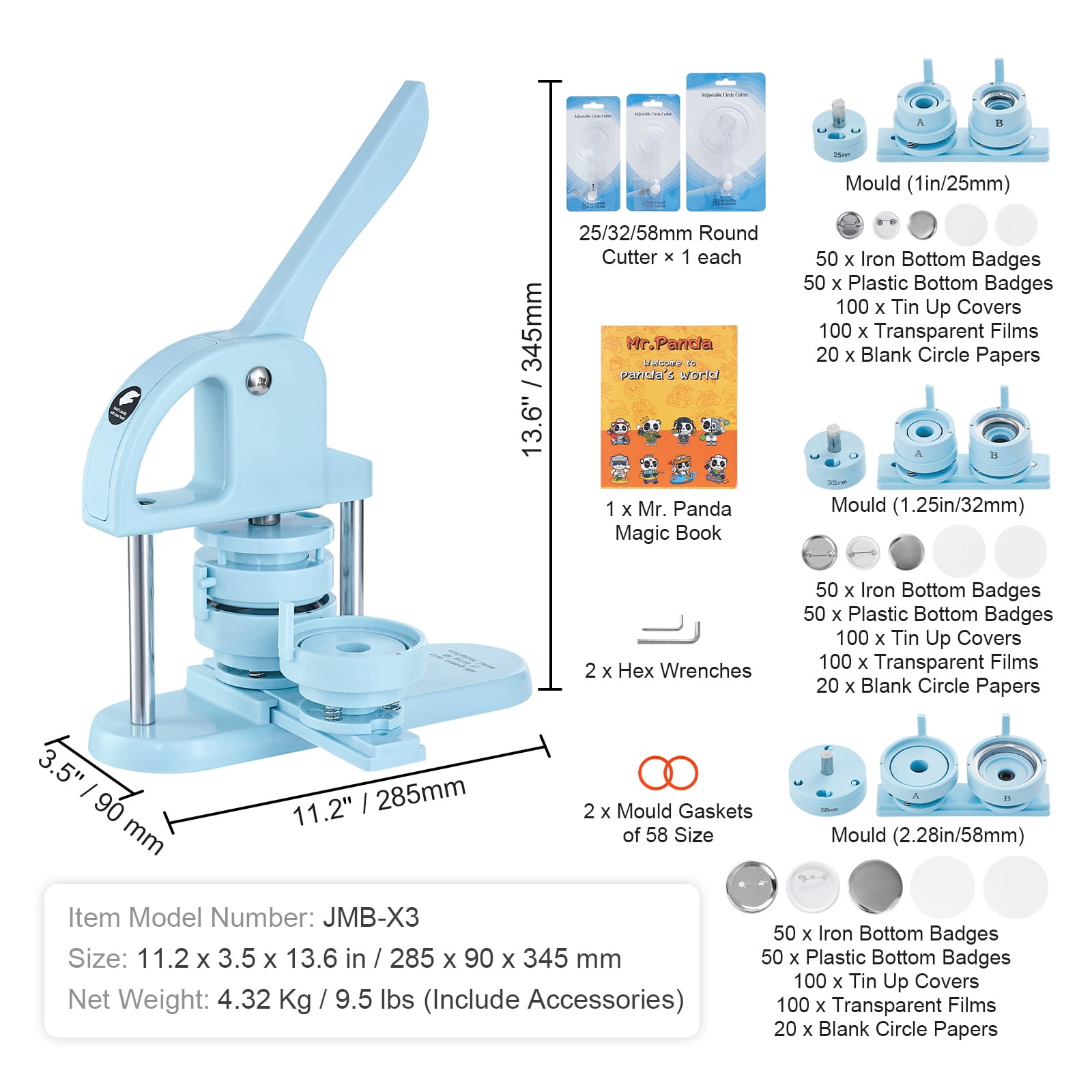 KFFKFF 3-IN-1 Button Maker, Multiple Sizes 1" +1.25" +2.28" (25/32/58mm) Badge Button Press Machine with 300pcs Button Parts, Button Maker Machine with Panda Magic Book, Ergonomic Arc Handle Punch