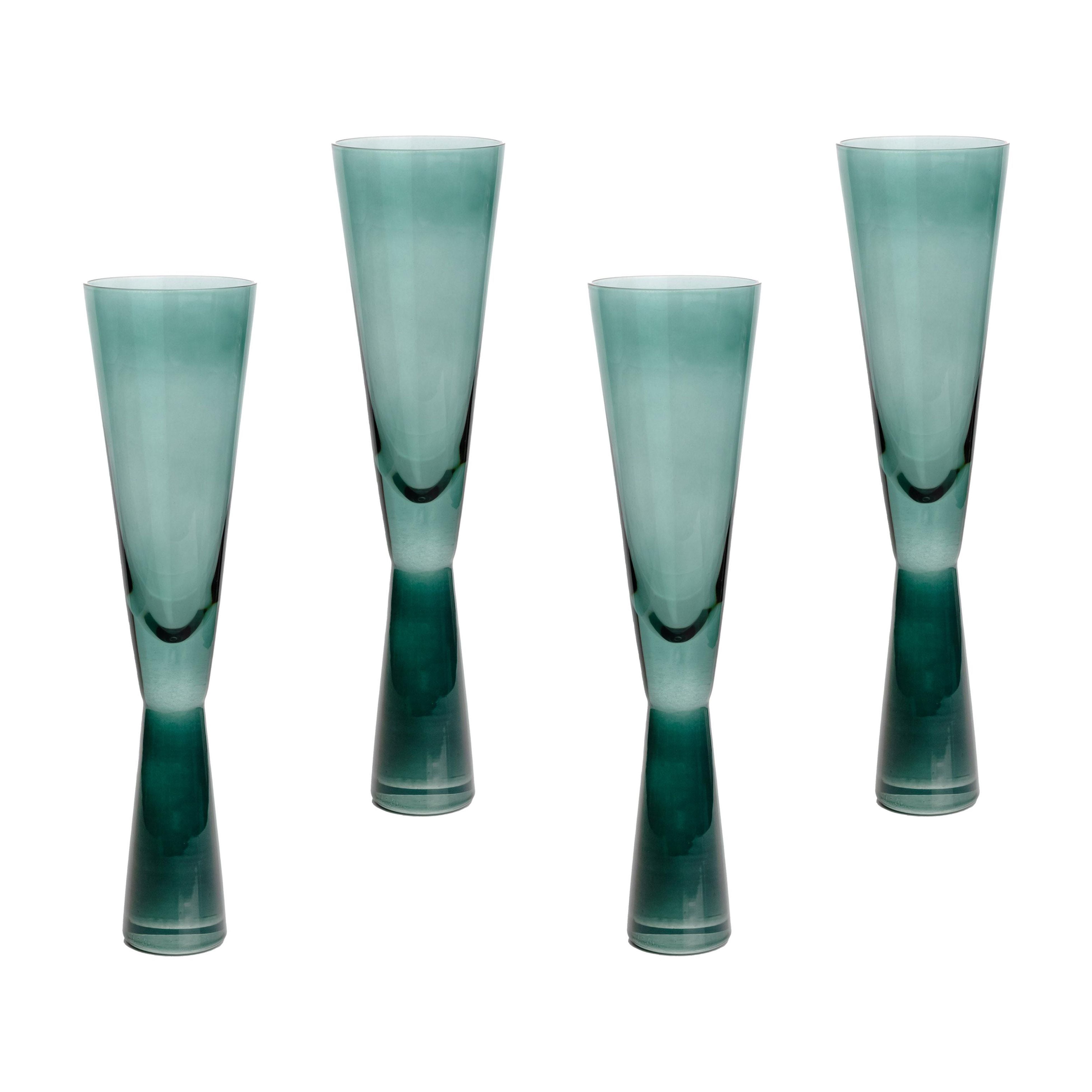 Flute Green Champagne Glasses - Set of 4